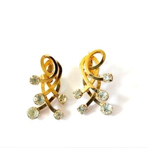 Gold Tone Rhinestone Climber Clip On Earrings Vintage‎ Tall/Long Spiral Emmons